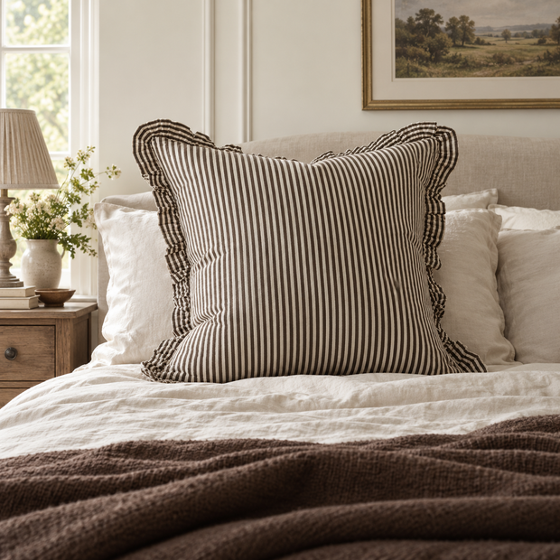 Darcy chocolate brown 65 × 65 cm extra large bed cushion cover – styled on a bed, view 1