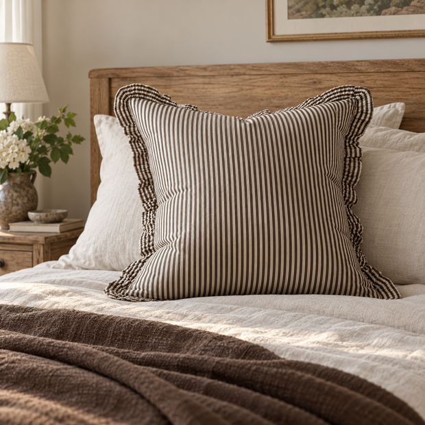Darcy chocolate brown 65 × 65 cm extra large bed cushion cover – styled on a bed, view 2