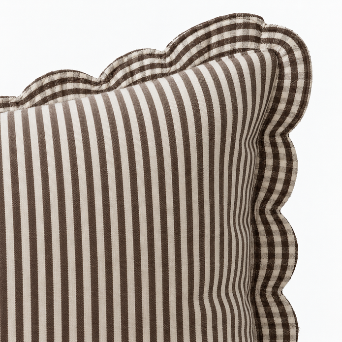 Darcy chocolate brown 65 × 65 cm extra large bed cushion cover – fabric and scalloped striped flange close-up 1