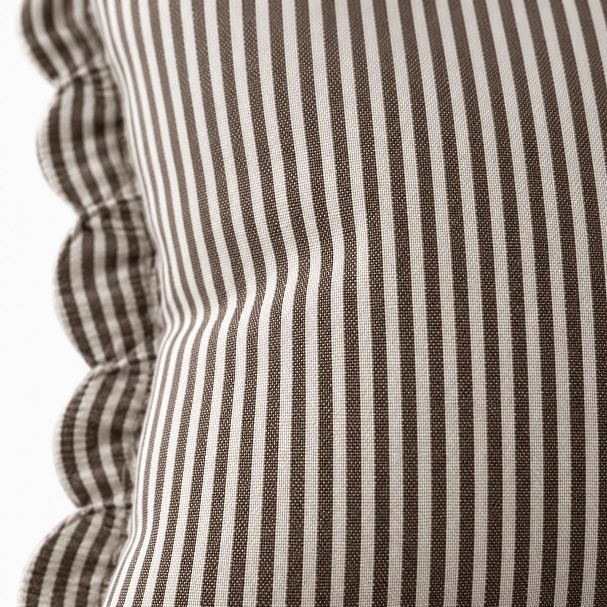 Darcy chocolate brown 65 × 65 cm extra large bed cushion cover – fabric and scalloped striped flange close-up 2