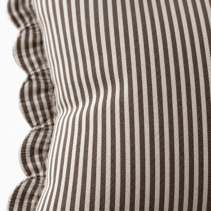Darcy chocolate brown 65 × 65 cm extra large bed cushion cover – fabric and scalloped striped flange close-up 2