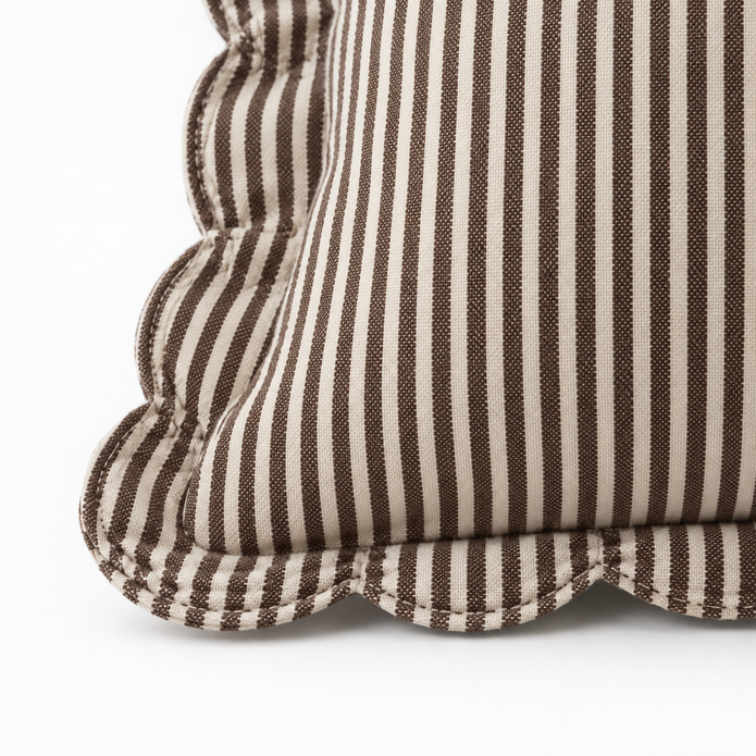 Darcy chocolate brown 65 × 65 cm extra large bed cushion cover – fabric and scalloped striped flange close-up 3