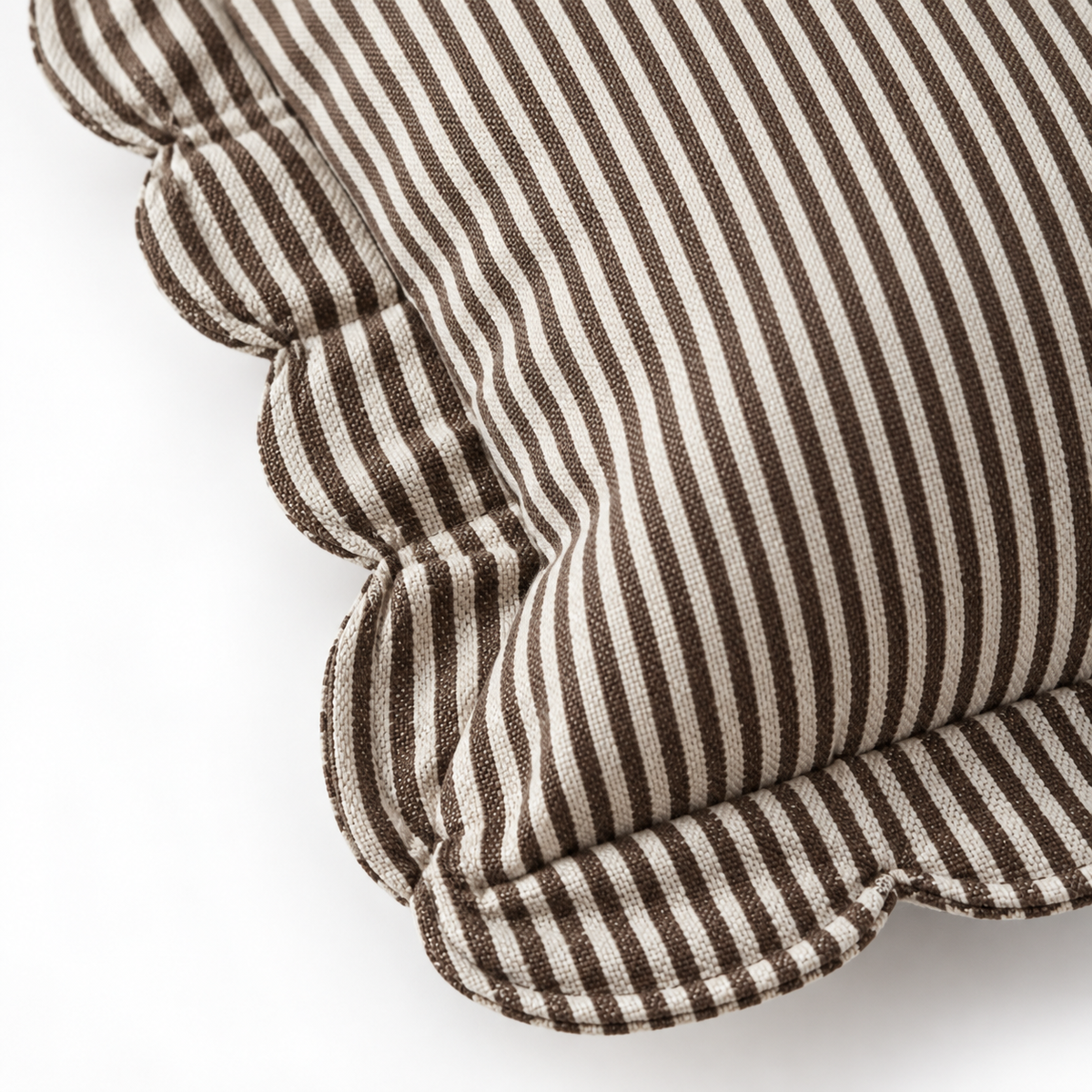 Darcy chocolate brown 65 × 65 cm extra large bed cushion cover – fabric and scalloped striped flange close-up 4