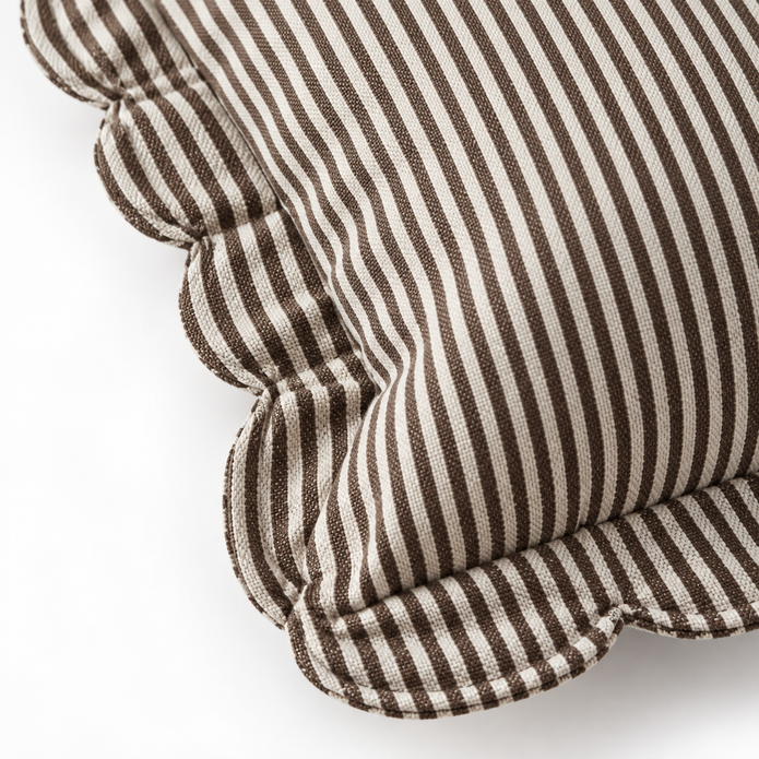 Darcy chocolate brown 65 × 65 cm extra large bed cushion cover – fabric and scalloped striped flange close-up 4