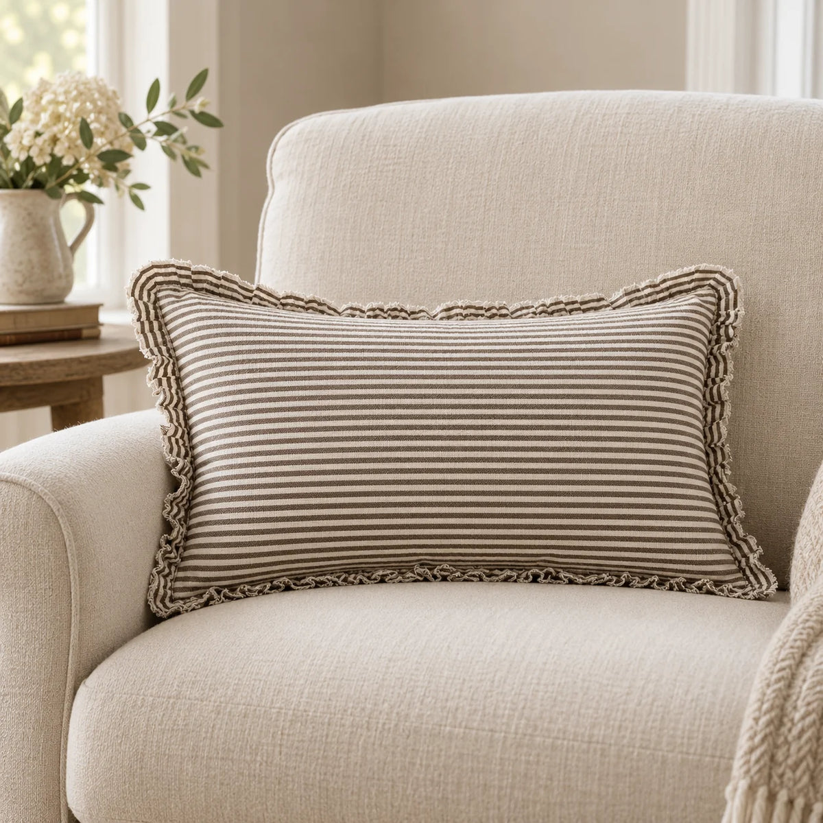 Darcy Chocolate Brown Pinstripe Cushion Cover - Rectangle — styled view 2