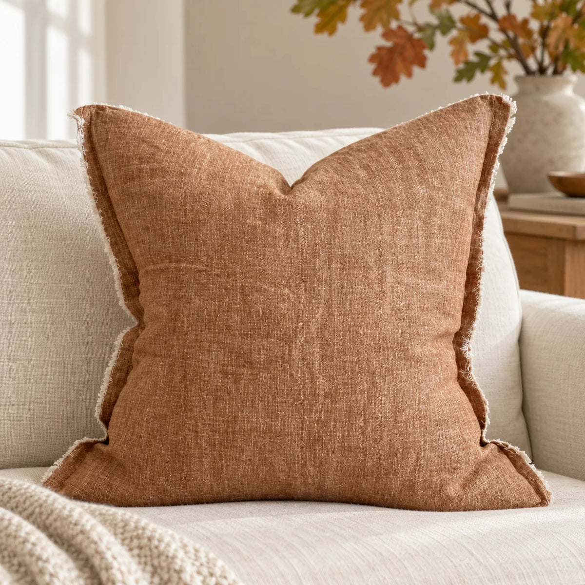 Ellenvale Esmee washed rust brown cushion cover on a sofa, showcasing its soft furnishings design