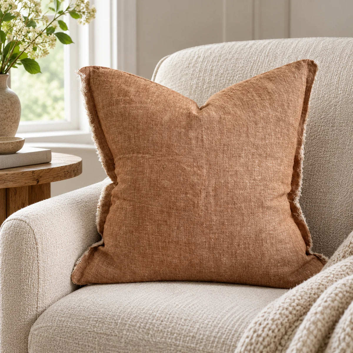 Ellenvale Esmee washed rust brown cushion cover on an armchair