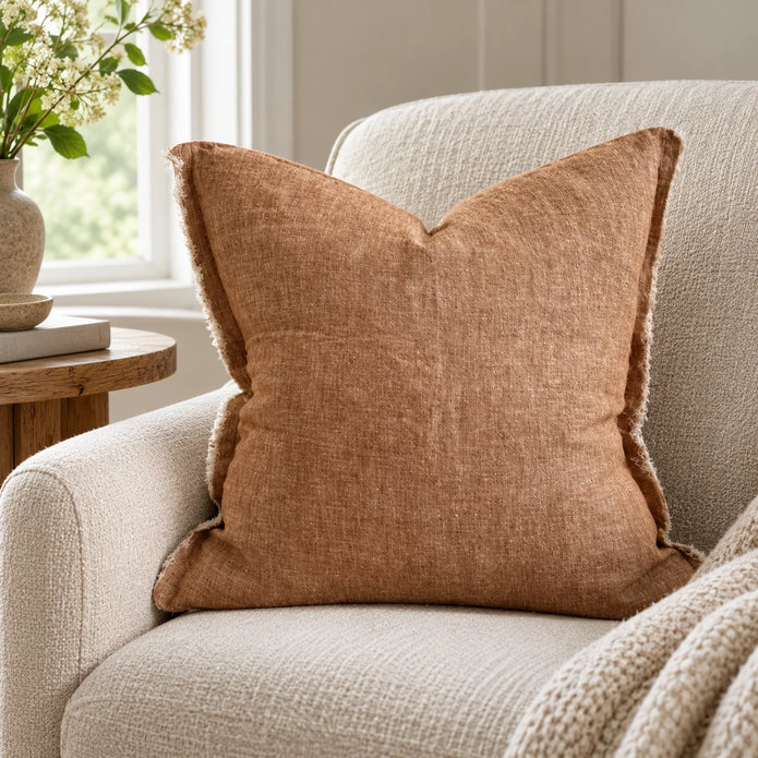 Ellenvale Esmee washed rust brown cushion cover on an armchair
