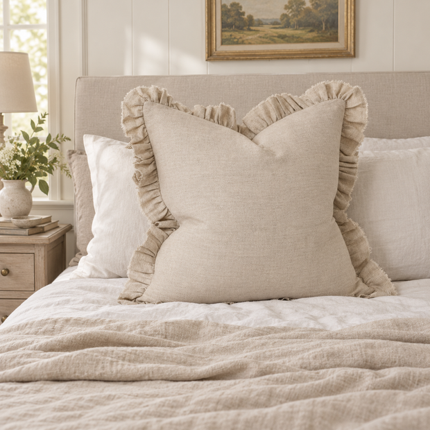 Grace beige 65 × 65 cm extra large bed cushion cover – styled on a bed, view 1