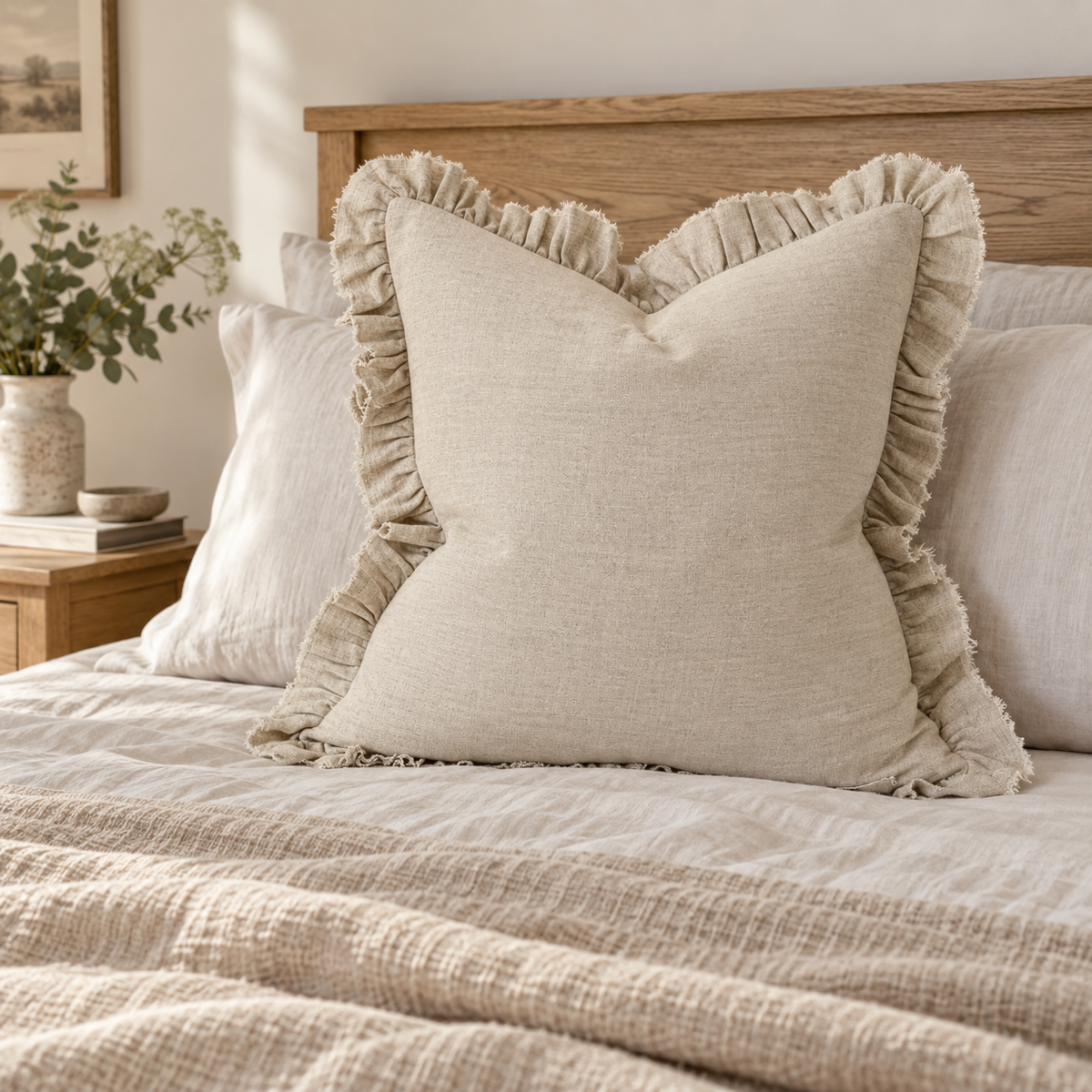 Grace beige 65 × 65 cm extra large bed cushion cover – styled on a bed, view 2