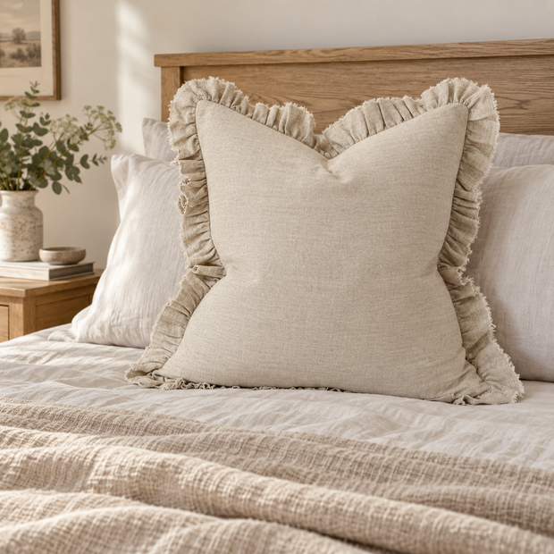 Grace beige 65 × 65 cm extra large bed cushion cover – styled on a bed, view 2