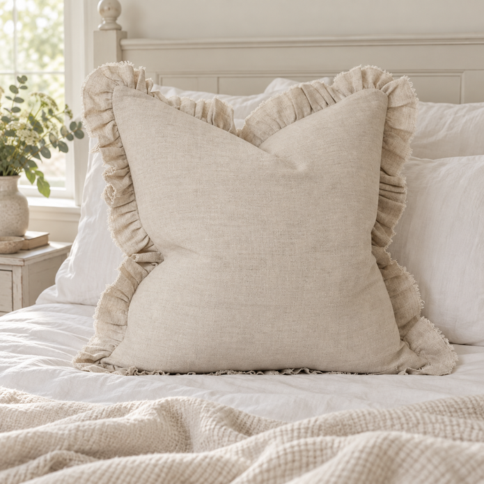 Grace beige 65 × 65 cm extra large bed cushion cover – styled on a bed, view 3