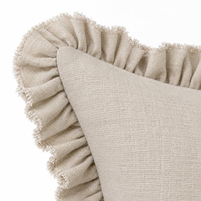 Grace beige 65 × 65 cm extra large bed cushion cover – fabric and gathered ruffle close-up 1