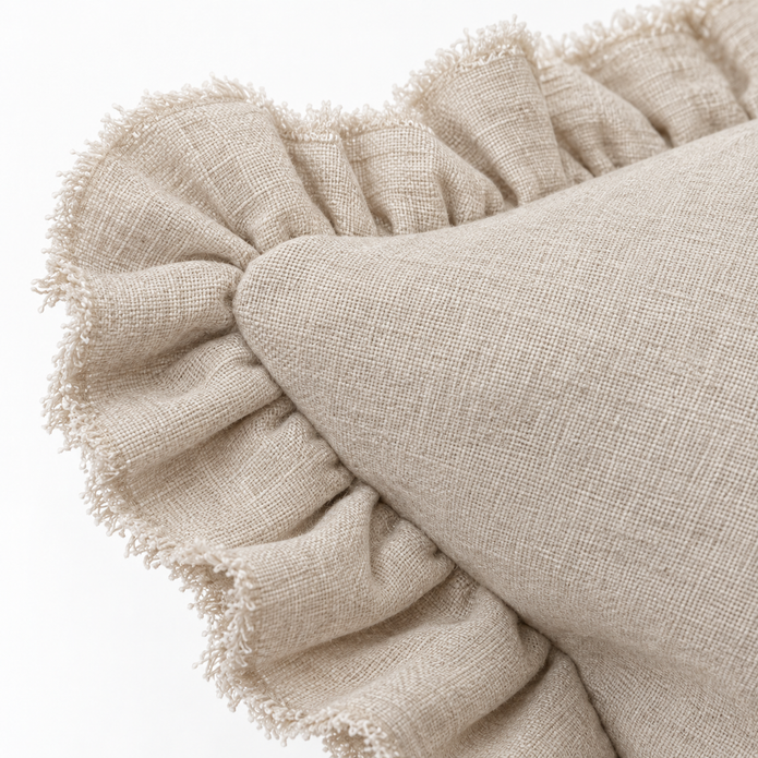 Grace beige 65 × 65 cm extra large bed cushion cover – fabric and gathered ruffle close-up 4