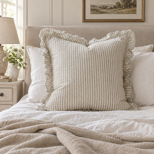 Hallie natural beige 65 × 65 cm extra large bed cushion cover – styled on a bed, view 1