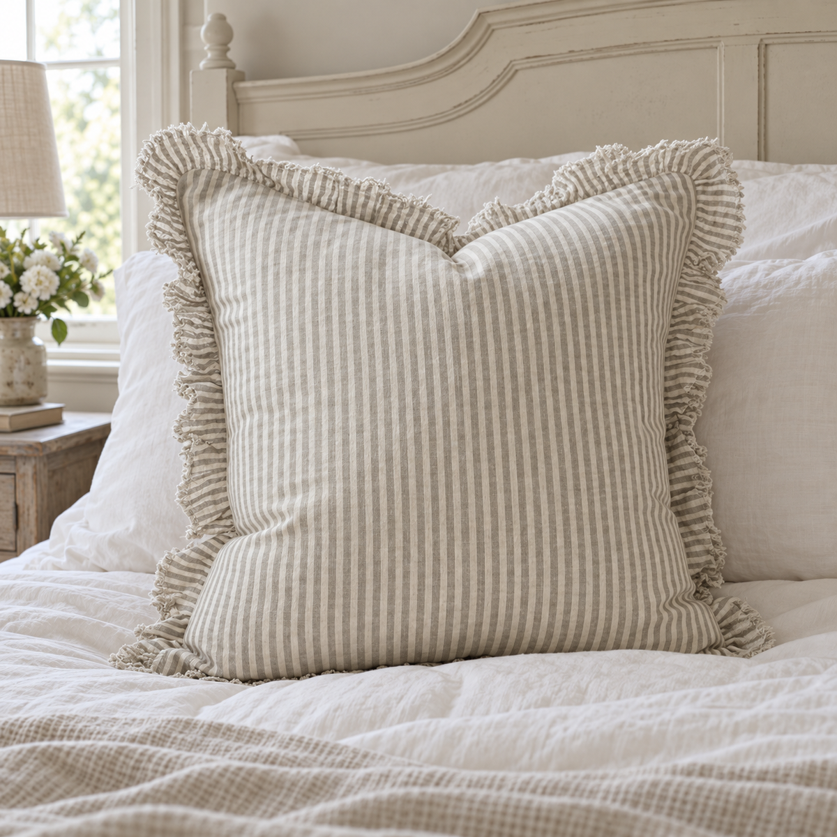 Hallie natural beige 65 × 65 cm extra large bed cushion cover – styled on a bed, view 3