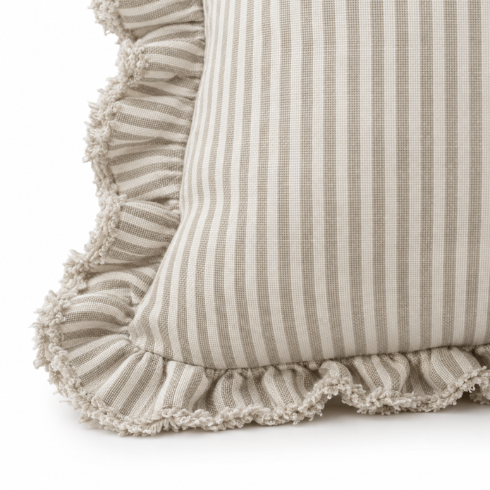 Hallie natural beige 65 × 65 cm extra large bed cushion cover – fabric and gathered striped ruffle close-up 3