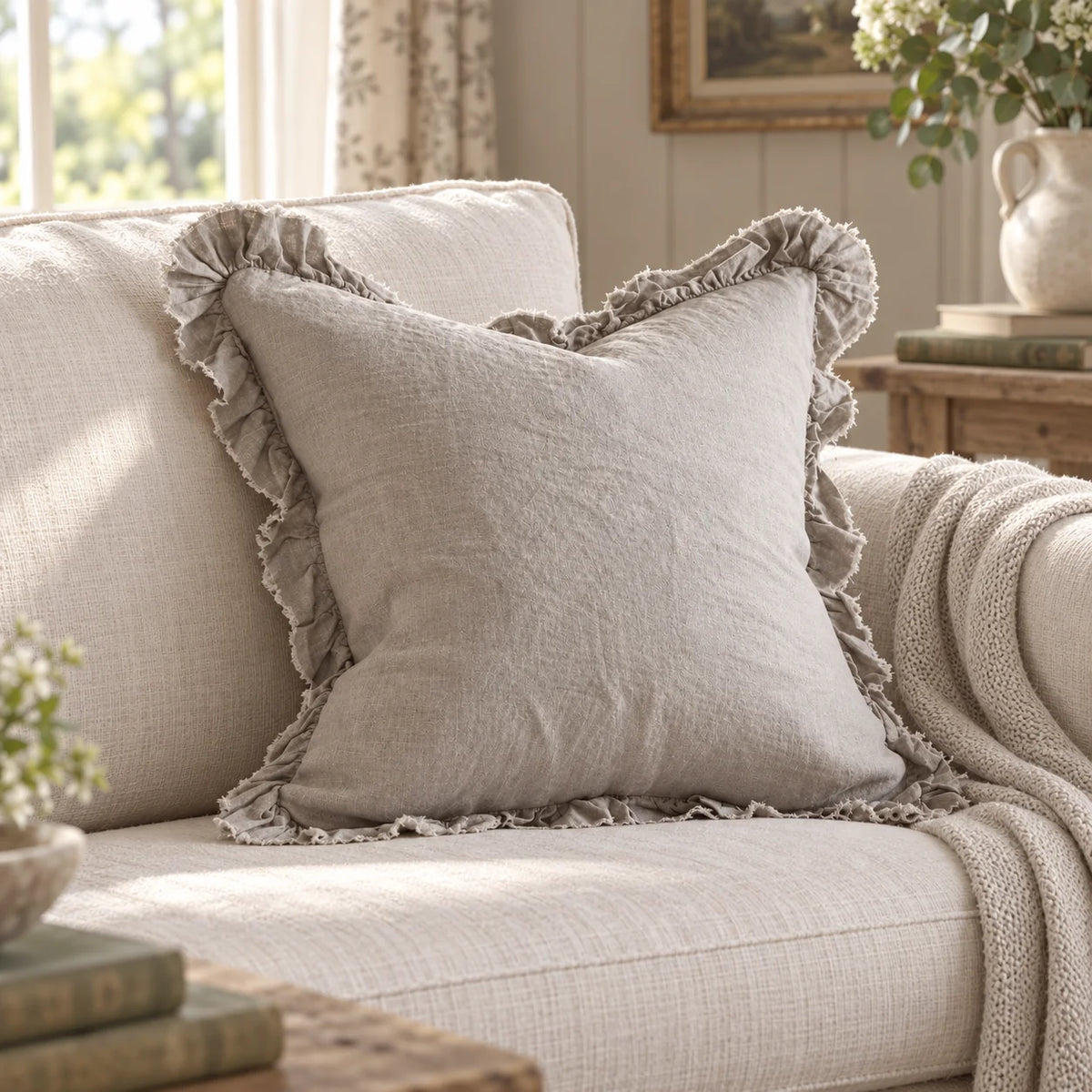 Hallie Natural Beige Cushion Cover – styled view 1