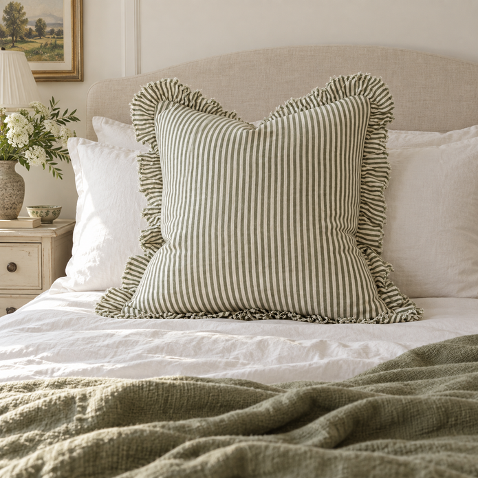 Hallie olive green 65 × 65 cm extra large bed cushion cover – styled on a bed, view 1