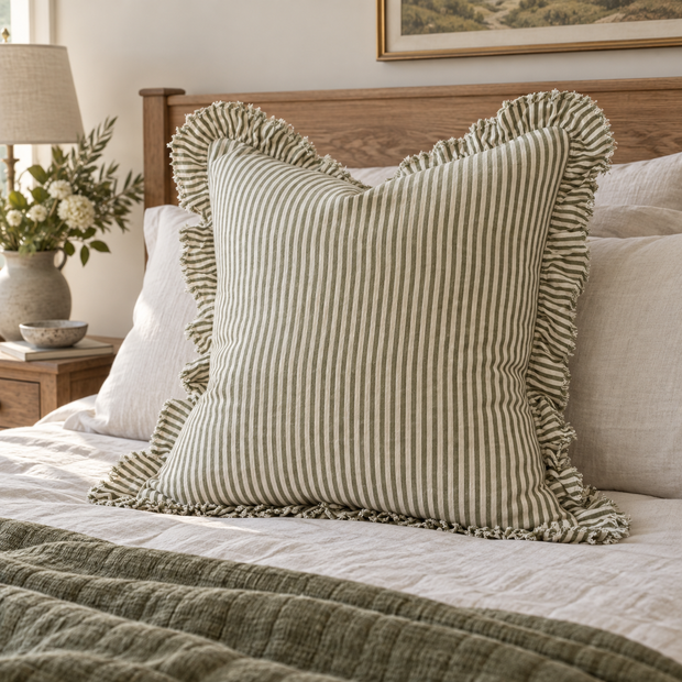 Hallie olive green 65 × 65 cm extra large bed cushion cover – styled on a bed, view 2