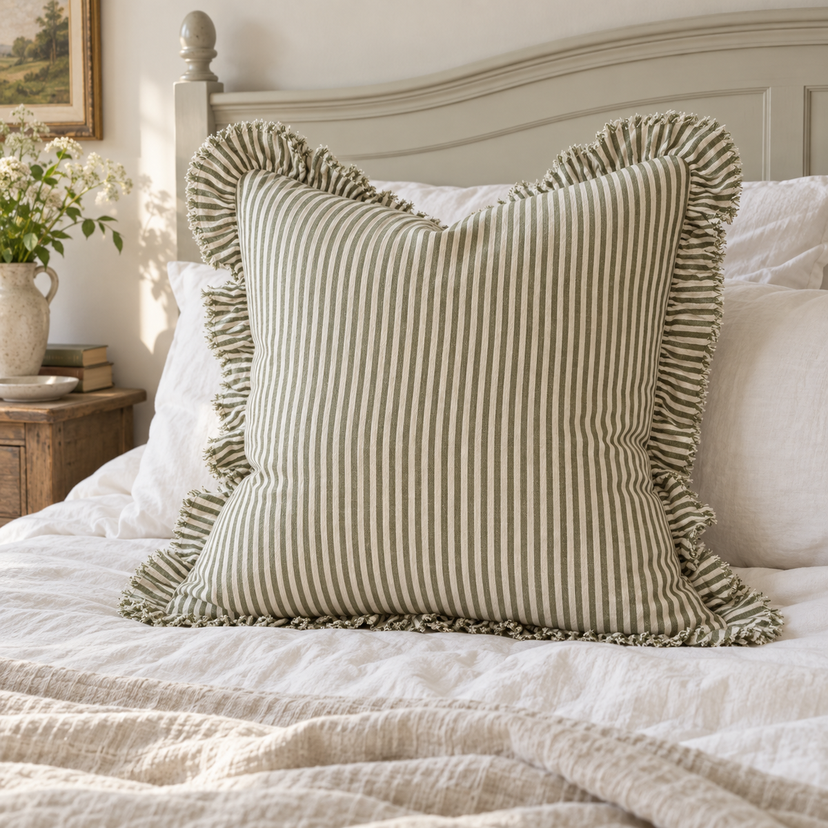 Hallie olive green 65 × 65 cm extra large bed cushion cover – styled on a bed, view 3