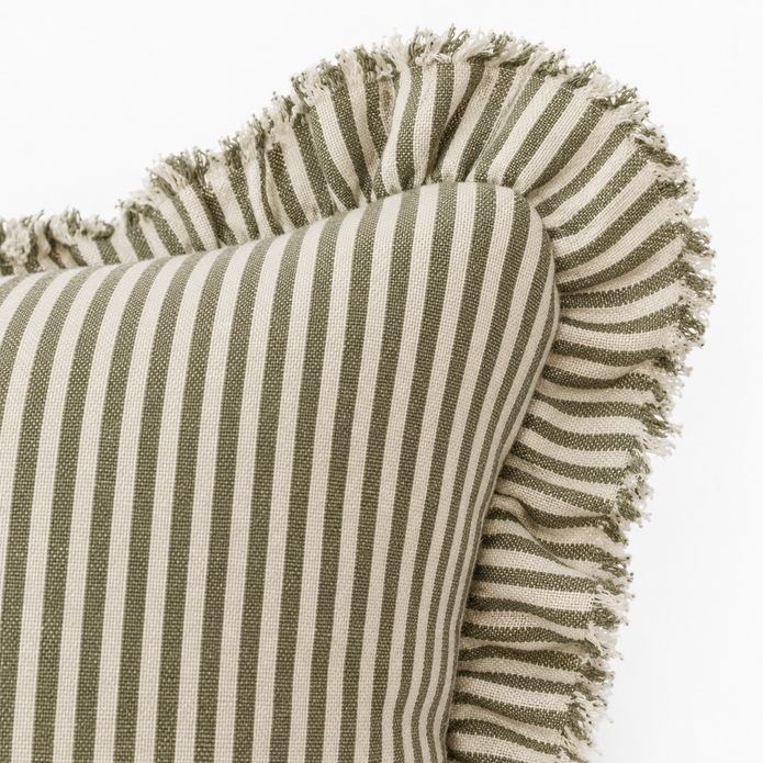 Hallie olive green 65 × 65 cm extra large bed cushion cover – fabric and gathered striped ruffle close-up 1