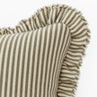 Hallie olive green 65 × 65 cm extra large bed cushion cover – fabric and gathered striped ruffle close-up 1