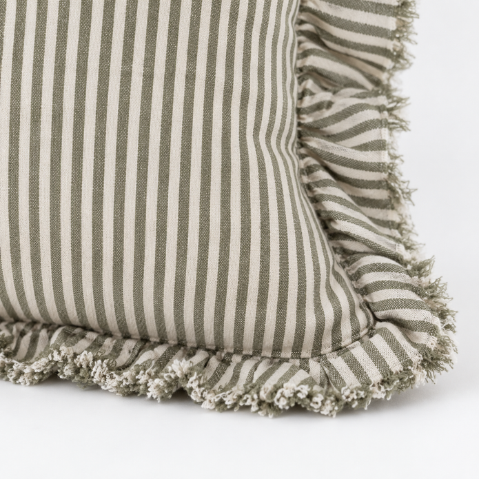 Hallie olive green 65 × 65 cm extra large bed cushion cover – fabric and gathered striped ruffle close-up 3