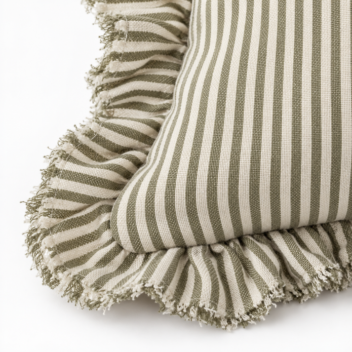 Hallie olive green 65 × 65 cm extra large bed cushion cover – fabric and gathered striped ruffle close-up 4