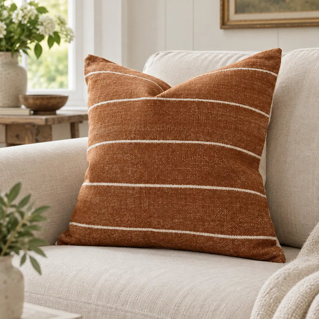 Rust brown and white pinstripe cotton cushion cover from Ellenvale India, featuring soft furnishings design and elegant textile pattern.