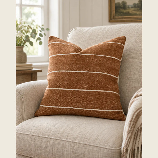 Rust brown and white pinstripe cotton cushion cover from Ellenvale India, soft furnishings with a stylish striped design.