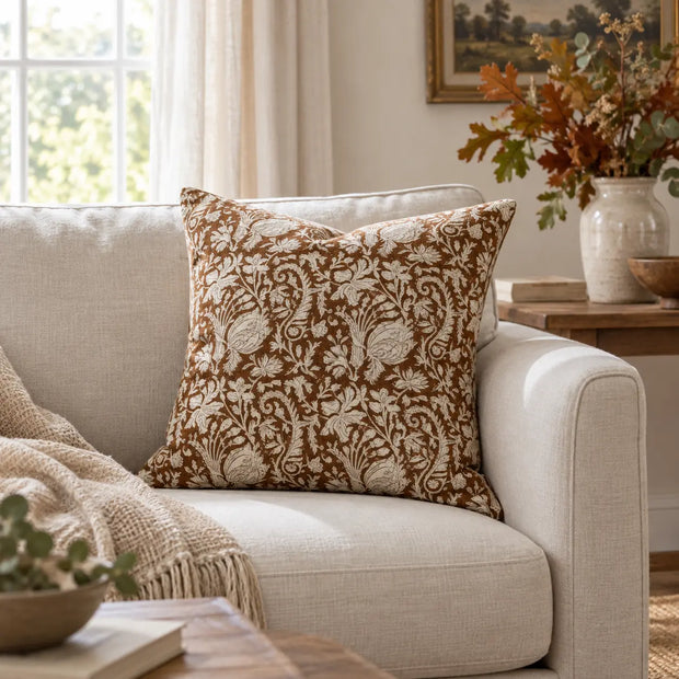 Ellenvale Ivy Rust cotton cushion cover with brown and white autumn leaf print, decorative throw pillow for cozy home decor.