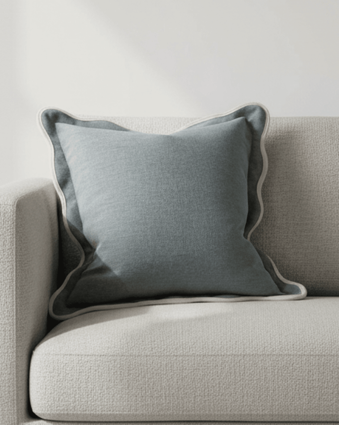 Extra-large blue square cushion cover with scalloped edges from Chloe by Ellenvale Trade, made of soft furnishings fabric.