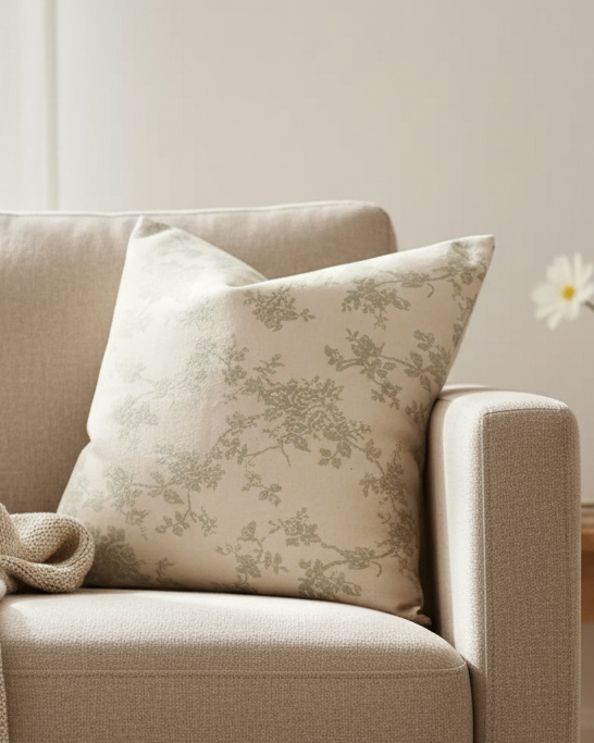 Sage green and white floral cotton cushion cover with square shape, soft furnishings by Ellenvale Trade, 45cm x 45cm.