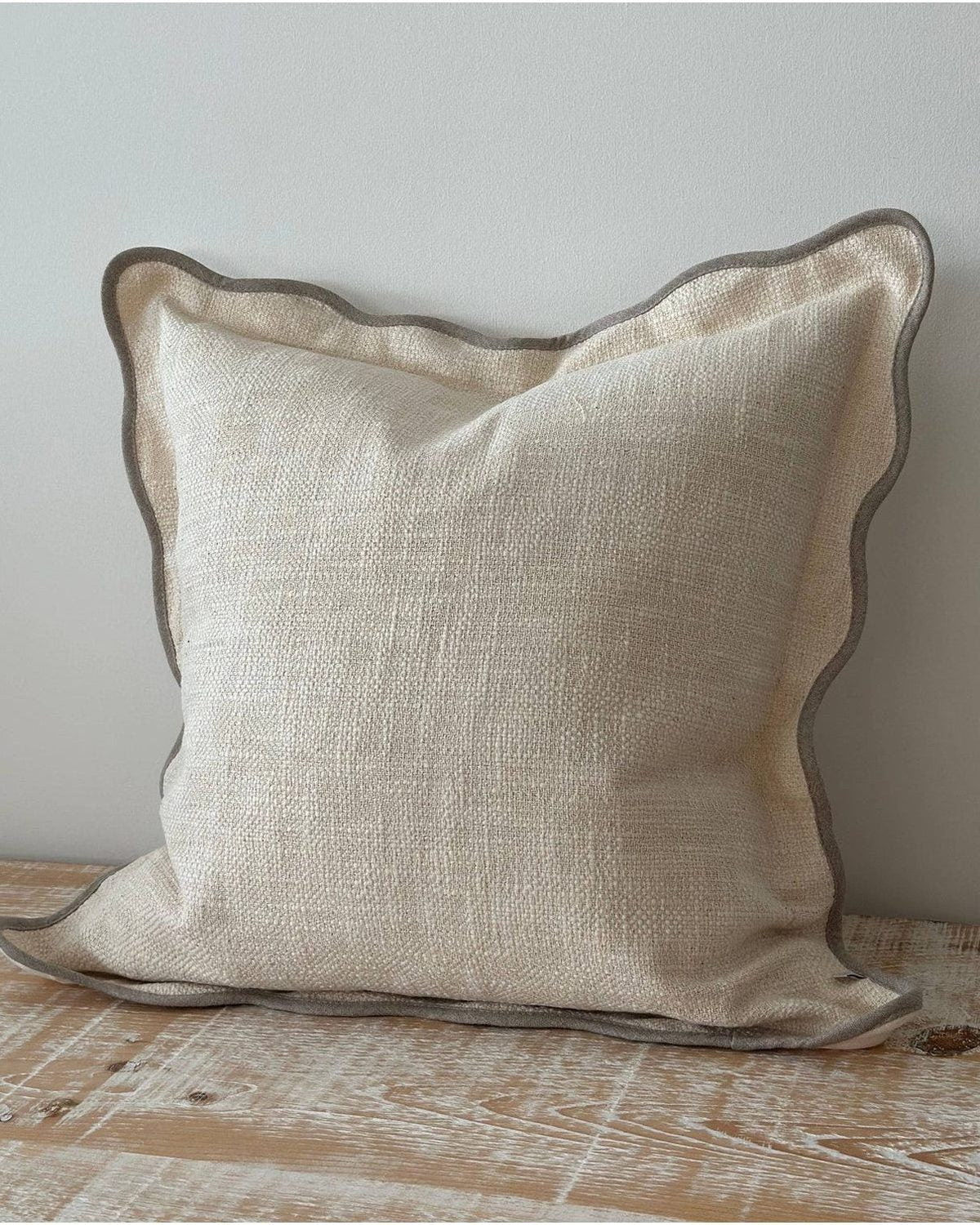 Cream and greige square scalloped cushion cover by Ellenvale Trade, soft furnishings with a stylish scalloped design.