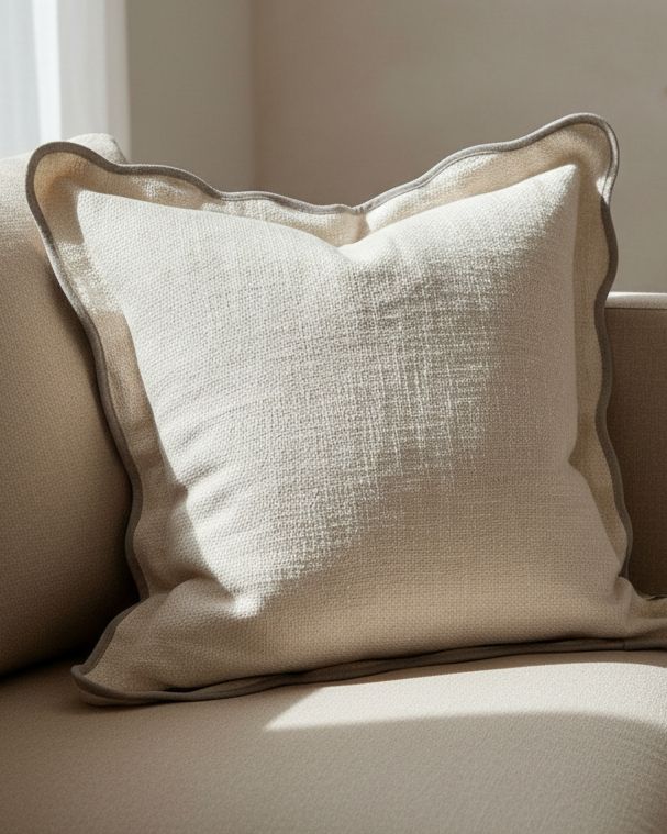 Cream and greige square scalloped cushion cover by Ellenvale Trade, soft furnishings with a textured, elegant design.