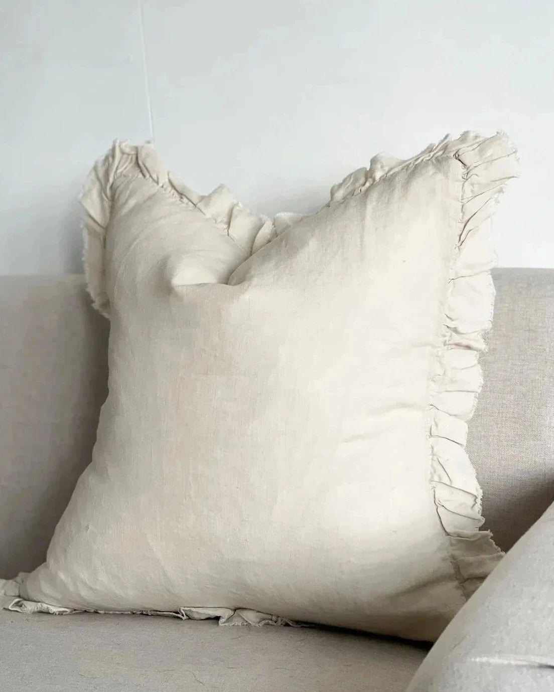 Hallie Cream Neutral Square Linen Cushion Cover with Ruffled Edge by Ellenvale Trade, soft furnishings for elegant home decor.