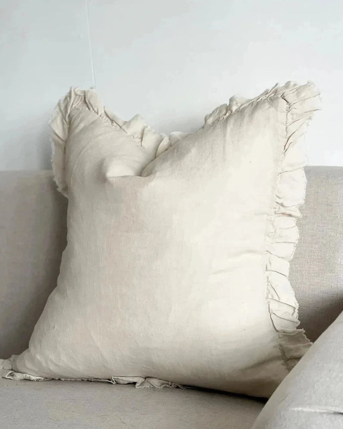 Hallie Cream Neutral Square Linen Cushion Cover with Ruffled Edge by Ellenvale Trade, soft furnishings for elegant home decor.