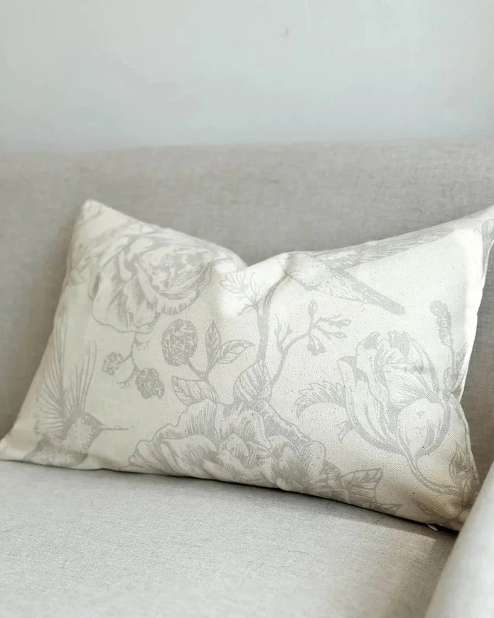Greige cotton cushion cover with bird print from Ellenvale Trade, rectangular soft furnishings for living room decor.