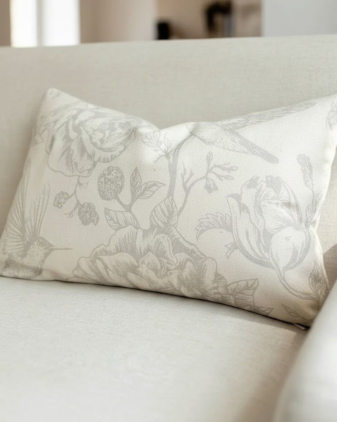 Greige cotton cushion cover with bird print, rectangular shape, by Ellenvale Trade, part of Aria soft furnishings collection.
