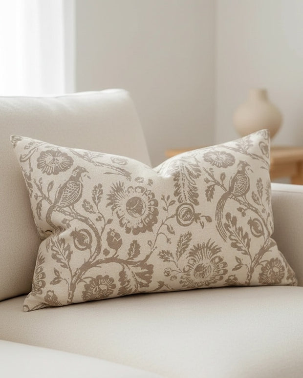 Neutral beige rectangle cotton cushion cover with country floral print from Ellenvale Trade, perfect for soft furnishings and home decor.