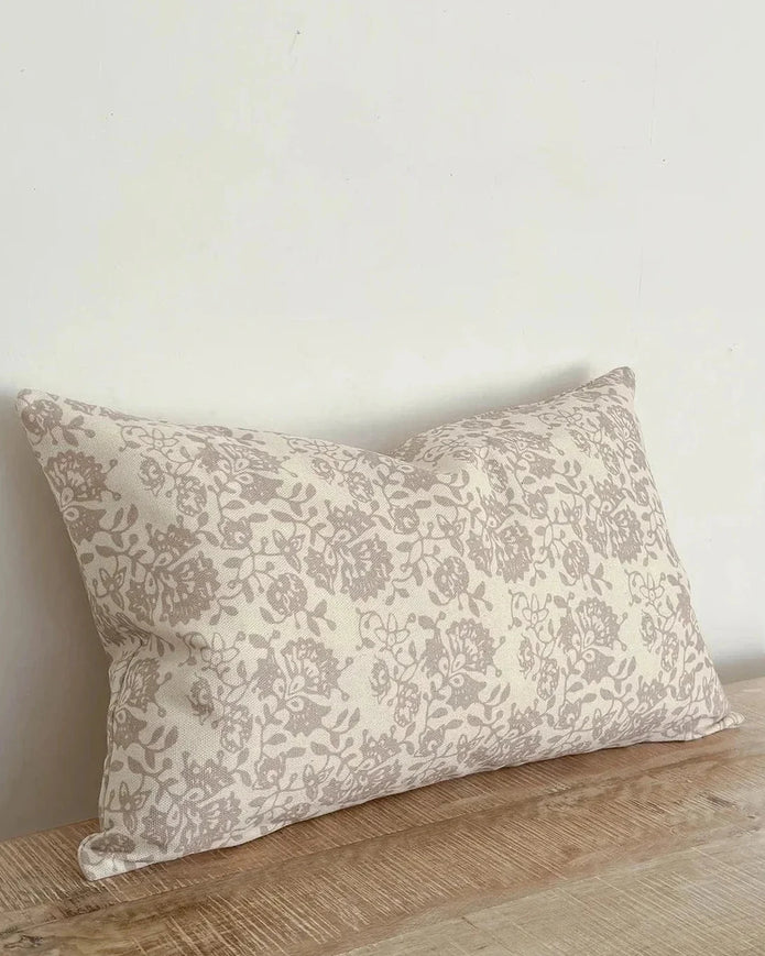 Ellenvale Trade Aria Neutral Beige rectangular floral print cushion cover on soft furnishings fabric with subtle beige and floral design.