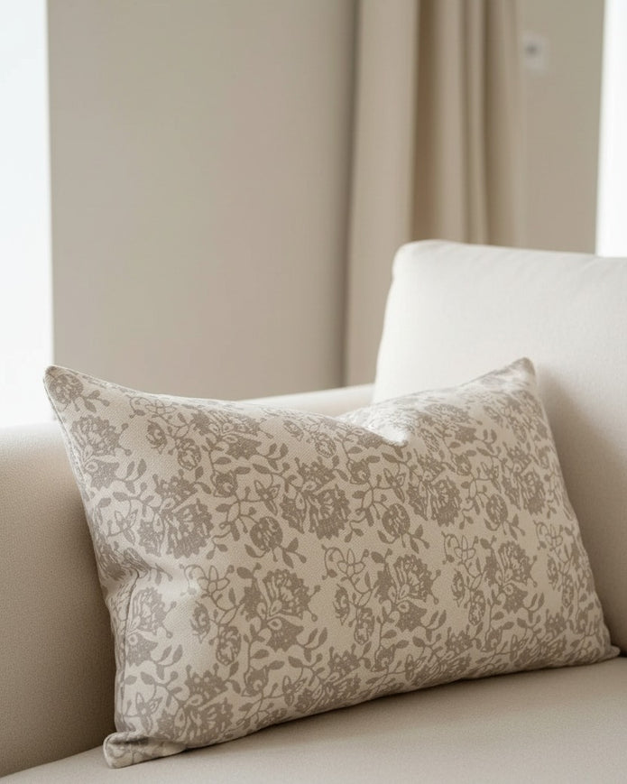 Neutral beige rectangle cushion cover with floral print from Ellenvale Trade, soft furnishings for home decor.
