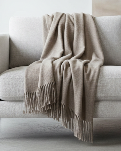 Beige and brown fine knit tasseled throw blanket from Ellenvale Trade, soft furnishings for cozy home decor.
