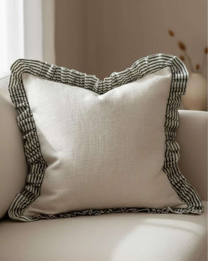 Olive green ruffle square cushion cover from Ellenvale Trade, soft furnishings with textured ruffle details.