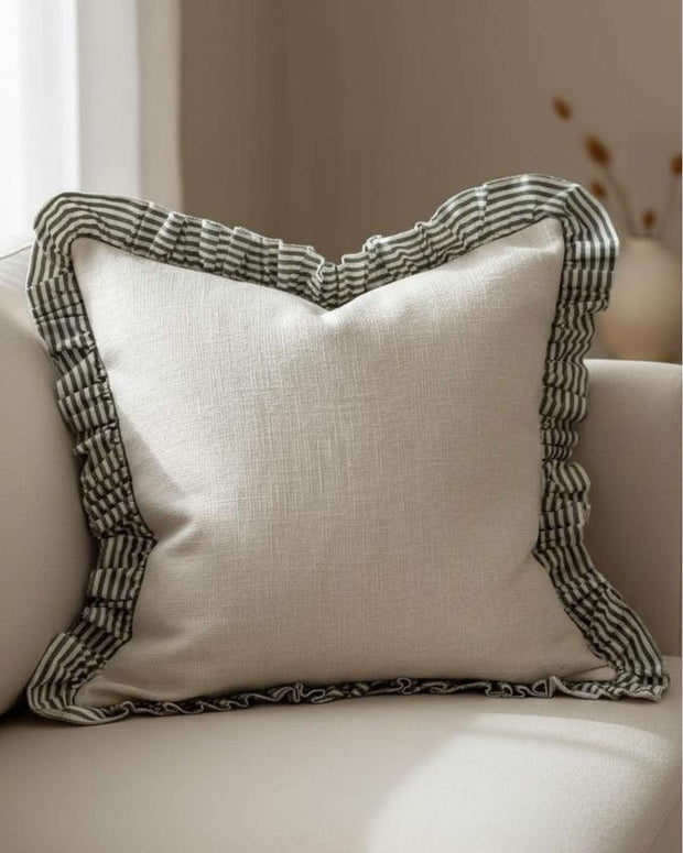 Olive green ruffle square cushion cover from Ellenvale Trade, soft furnishings with textured ruffle details.