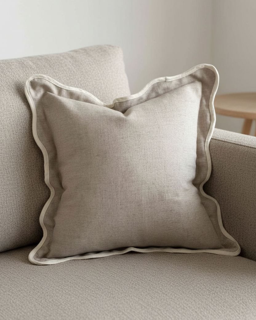 Chloe beige and cream scalloped edge cushion cover by Ellenvale Trade, soft furnishings with elegant scalloped design.