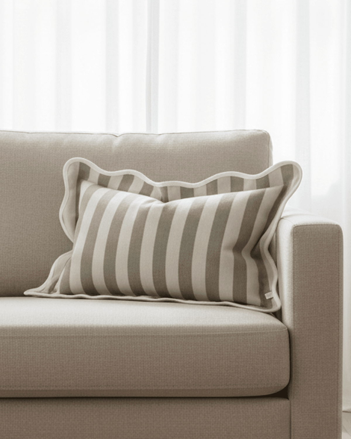 Chloe beige rectangle scalloped cushion cover with stripe pattern, soft furnishings by Ellenvale Trade, decorative home accessory.