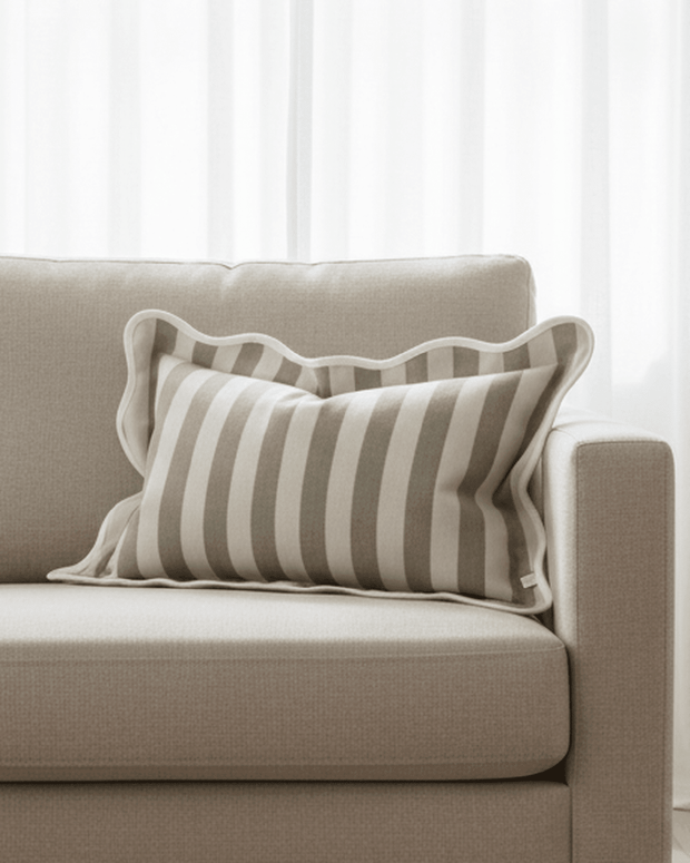 Chloe beige rectangle scalloped cushion cover with stripe pattern, soft furnishings by Ellenvale Trade, decorative home accessory.