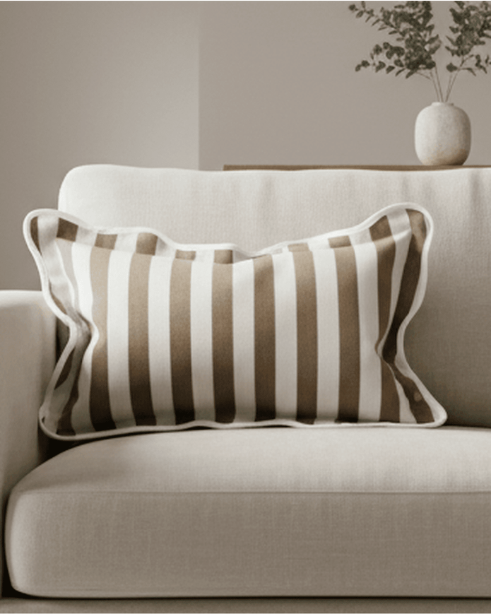 Chloe Brown rectangle stripe scalloped cushion cover from Ellenvale Trade, soft furnishings with brown and white striped design.